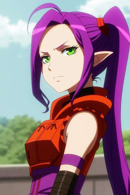 imina, anime_art_style, 1girl, solo, long_hair, twintails, closed_mouth, green_eyes, upper_body, purple_hair, pointy_ears