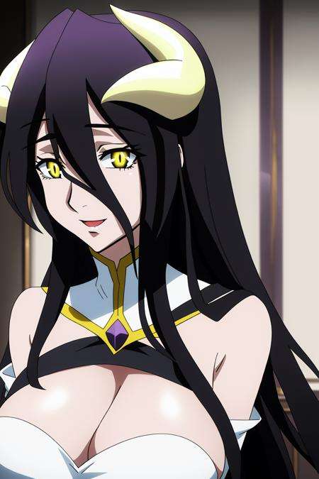 albedo, anime_art_style, 1girl, solo, long_hair, breasts, looking_at_viewer, open_mouth, large_breasts, black_hair, dress, cleavage, hair_between_eyes, bare_shoulders, yellow_eyes, horns, white_dress, demon_girl, slit_pupils, demon_horns