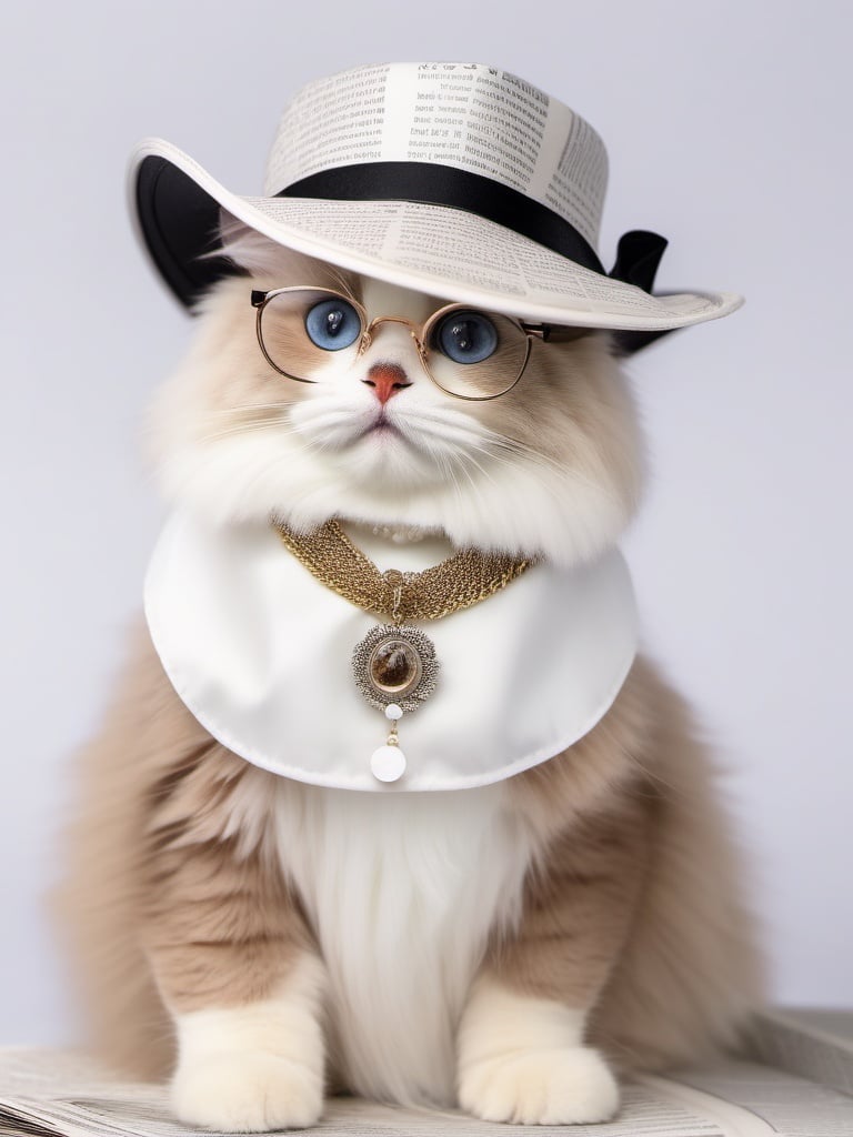 AP,animal,no humans,cat,animal focus,clothed animal,white background,solo,realistic,simple background,ragdoll,blurry,hat,glasses,newspaper background,newspaper,,wearing a necklace,prejudiced to four eyes,, <lora:EMS-19500-EMS:0.8>