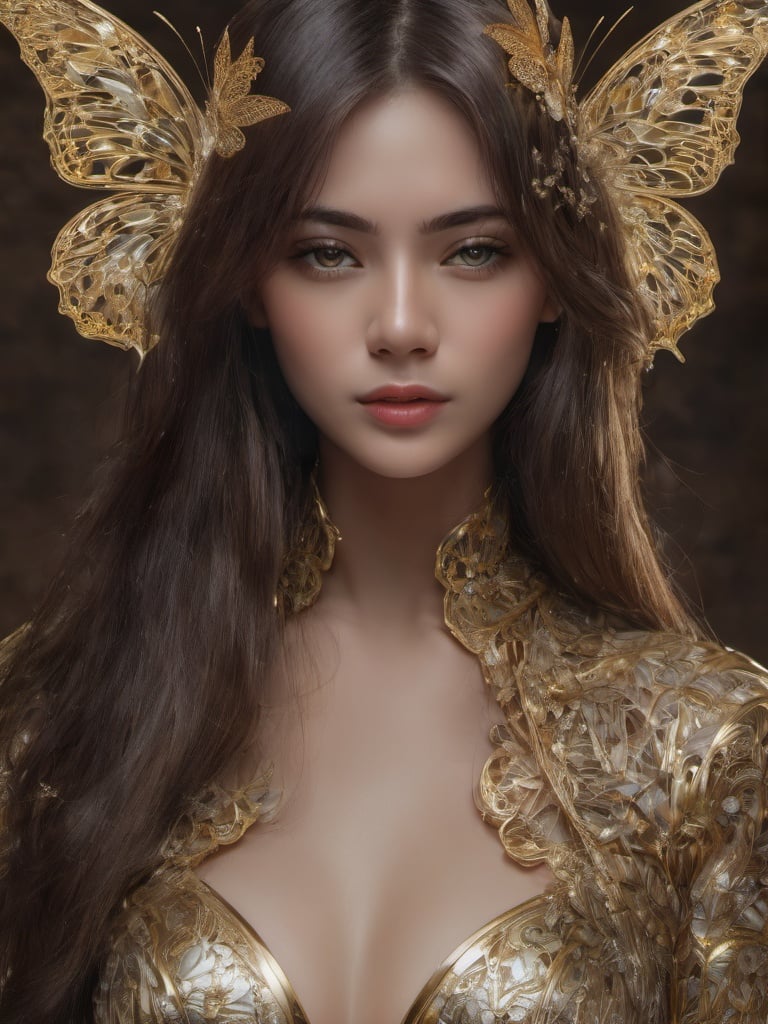 8k portrait of beautiful cyborg with brown hair, intricate, elegant, highly detailed, majestic, digital photography, art by artgerm and ruan jia and greg rutkowski surreal painting gold butterfly filigree, broken glass, (masterpiece, sidelighting, finely detailed beautiful eyes: 1.2), hdr,  <lora:sdxlb3rli-000001:1:1.1>