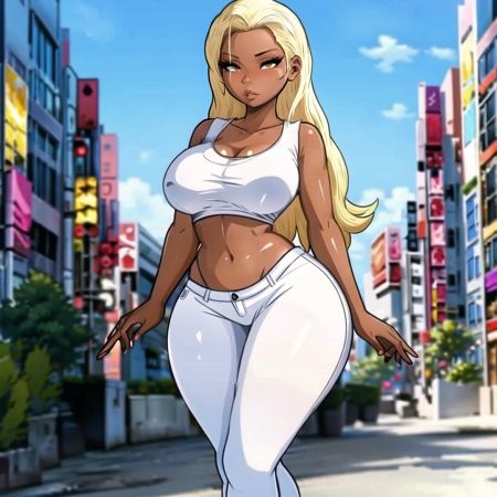 <lora:landidzu-16:0.70>  landidzu,blonde hair, , thick thighs, huge breasts, shiny skin, curvy,,navel, city, casual_wear,walking, high heels, crop top, tight pants, revealing clothes, dark skin, extremely detailed, ultra-detailed, detailed_Background,