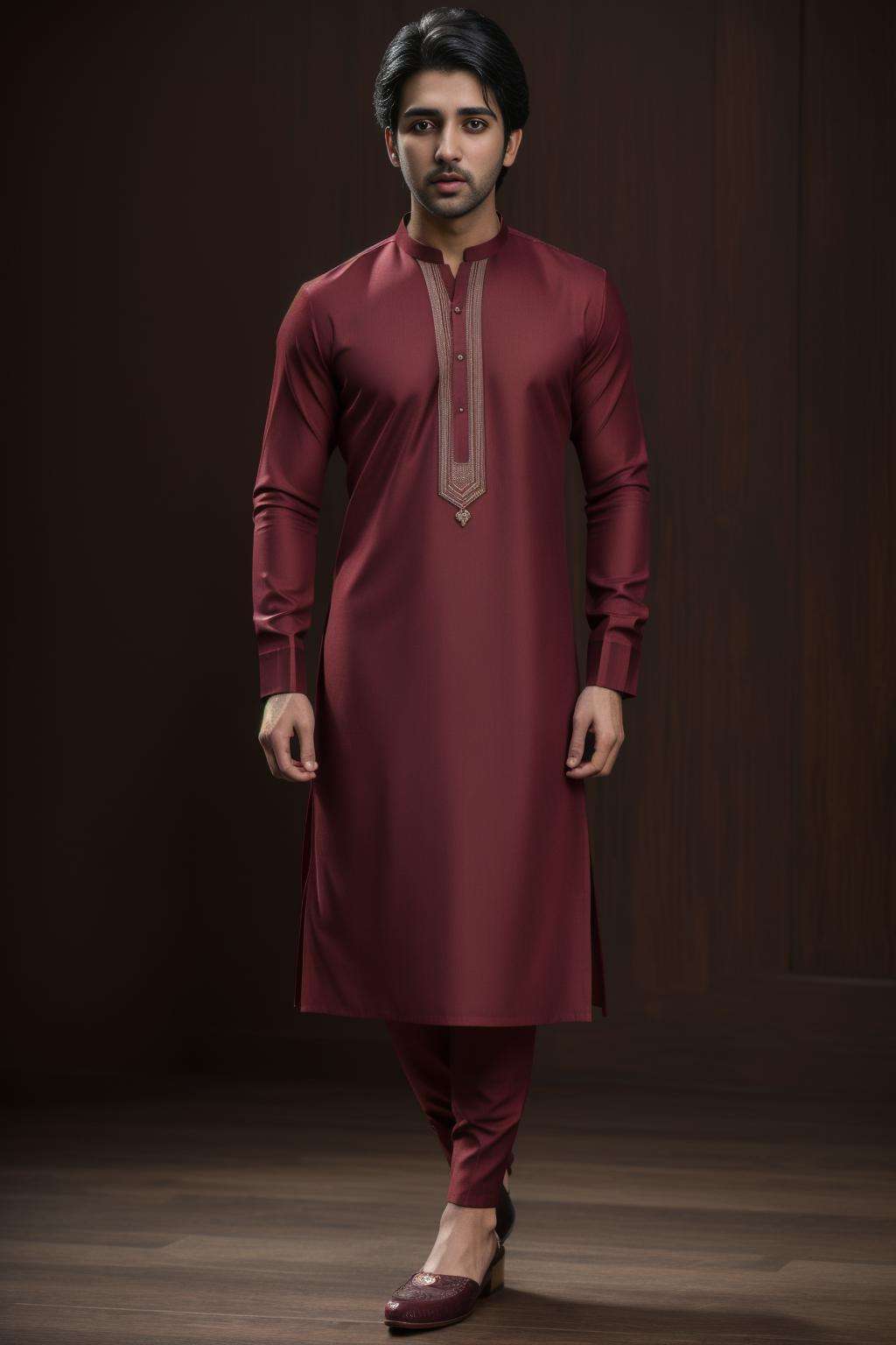 xyzsankurta, (highly detailed:1.3), 1boy, solo, (full body:1.3), Ultra-detail, (highres:1.1), best quality, (masterpiece:1.3), cinematic lighting, (highly detailed face and eyes:1.3), maroon kurta, shalwar, shoe, <lora:xyzsankurta:.7> 