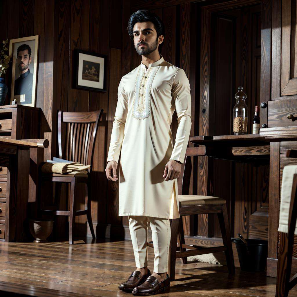 xyzsankurta, (highly detailed:1.3), 1boy, solo,(full body:1.3), Ultra-detail, (highres:1.1), best quality,(masterpiece:1.3),chair, cinematic lighting, (highly detailed face and eyes:1.3), kurta, shoe, <lora:xyzsankurta:.8> 