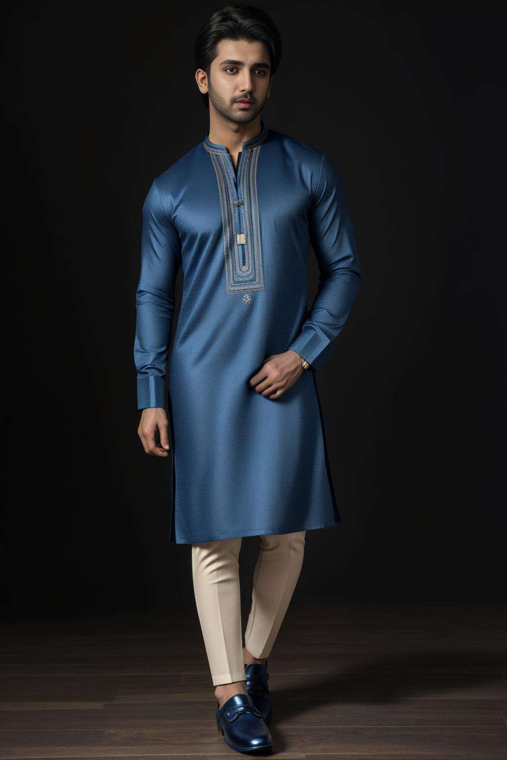 xyzsankurta, (highly detailed:1.3), 1boy, solo, (full body:1.3), Ultra-detail, (highres:1.1), best quality, (masterpiece:1.3), cinematic lighting, (highly detailed face and eyes:1.3), blue kurta, shalwar, shoe, <lora:xyzsankurta:.8> 