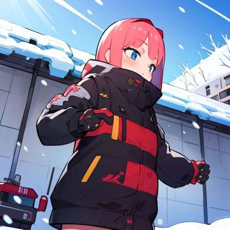 , 1girl,snow,city,playing,  <lora:Eiken3kyuboyArtist-20:1>, mech parts 