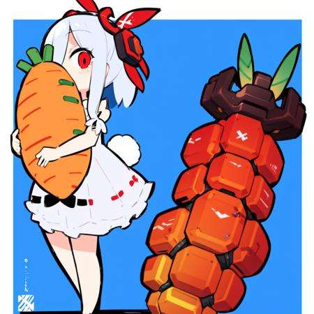 <lora:Eiken3kyuboyArtist-20:1>,   mech parts,full body,  chibi, 1girl,  giant carrot , rabbit ears, white hair , red eyes, 