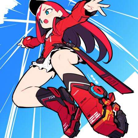 <lora:Eiken3kyuboyArtist-20:1>,1girl, red hair, long hair, from below, jumping, dynamic pose,  