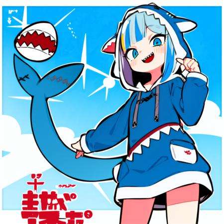 <lora:Eiken3kyuboyArtist-20:1>, mech parts best quality, 1girl, multicolored hair , blue eyes,smile, <lora:gawrGura:0.6> gawr gura, shark girl, shark tail, shark print, blue hoodie, sharp teeth, animal hood, 