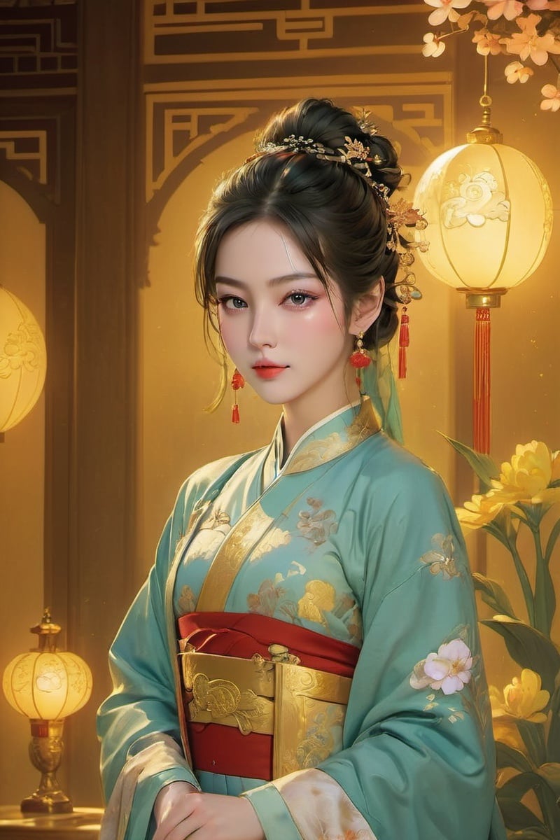 masterpiece,best quality,(photorealistic:1.4),(Ding Xianghua:1.3),(ultra detailed:1.3),illumination effect with a dreamy feeling,chrysanthemum,(palace hair accessories of the tang dynasty:1.2),(gilding:1.2),gorgeous headgear,(fine facial details:1.2),scattered petals,(full body:1.1),fine clothing details,chinese style bun,jewelry details,the effect of a diffuse aroma,lilac flower,complex artistic composition,tulip,masterpiece,unity 8k wallpaper,1girl,center frills,cut-in,ancient palace,(the dark golden undercurrent circulating:1.1),,