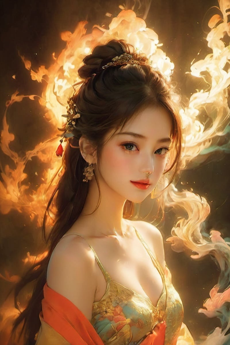 masterpiece,best quality,(photorealistic:1.4),(Ding Xianghua:1.4),(bare shoulders:0.85),(Glowing ambiance, enchanting radiance, luminous lighting, ethereal atmosphere, mesmerizing glow, evocative hues, captivating coloration, dramatic lighting, enchanting aura),1girl,masterpiece,best quality,1girl,(in smoke:1.1),(dynamic smokeanywhere:1.4),(upper body:1.2),((nipples:0.55)),(1 Chinese patterns in the middle of the girl's forehead),girl with a weak temperament,epic cinematic,soft nature lights,rim light,absurd,amazing,funny,itricate,hyper detailed,ultra realistic,soft colors,<lora:leidian (1):0.9>,