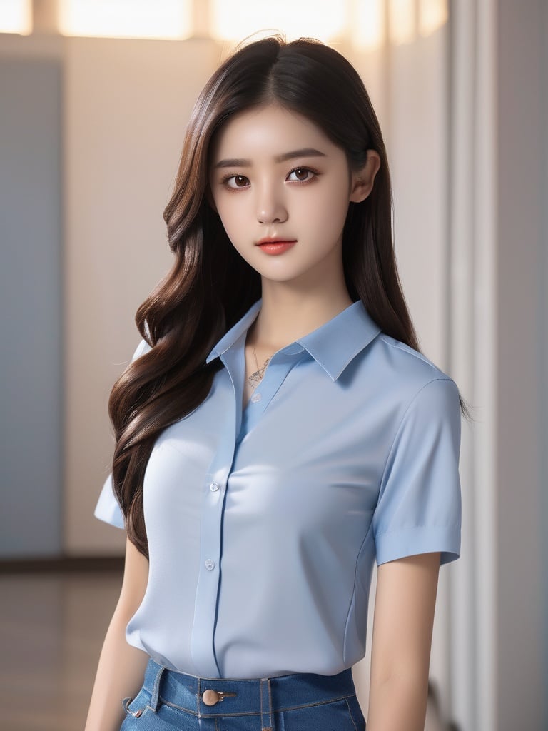 professional photography,masterpiece,best quality,(photorealistic:1.3),8k RAW photo,xiaoyi, teenage,16yo,a young woman with long dark hair and a blue shirt is posing for a picture with a white wall behind her,Extremely Detailed CG,Official Unity 8K Wallpapers,UHD,ultra high quality,ultra high res,Detailed face,Extremely complex details,<lora:xiaoyi-XL:0.8>