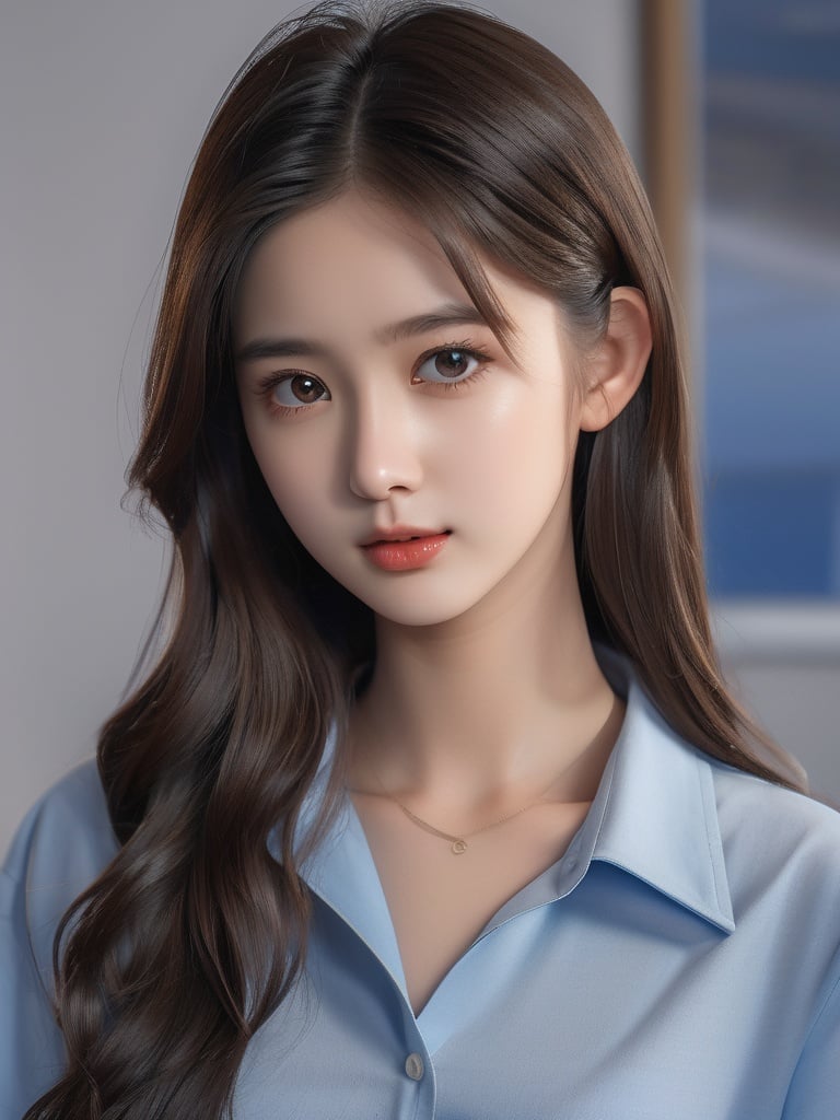 professional photography,masterpiece,best quality,(photorealistic:1.3),8k RAW photo,xiaoyi, teenage,16yo,a young woman with long dark hair and a blue shirt is posing for a picture with a white wall behind her,Extremely Detailed CG,Official Unity 8K Wallpapers,UHD,ultra high quality,ultra high res,Detailed face,Extremely complex details,<lora:xiaoyi-XL:0.8>