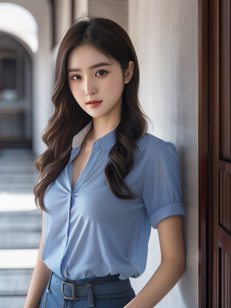 professional photography,masterpiece,best quality,(photorealistic:1.3),8k RAW photo,xiaoyi, a young woman with long dark hair and a blue shirt is posing for a picture with a white wall behind her,Extremely Detailed CG,Official Unity 8K Wallpapers,UHD,ultra high quality,ultra high res,Detailed face,Extremely complex details,<lora:xiaoyi-XL:0.8>