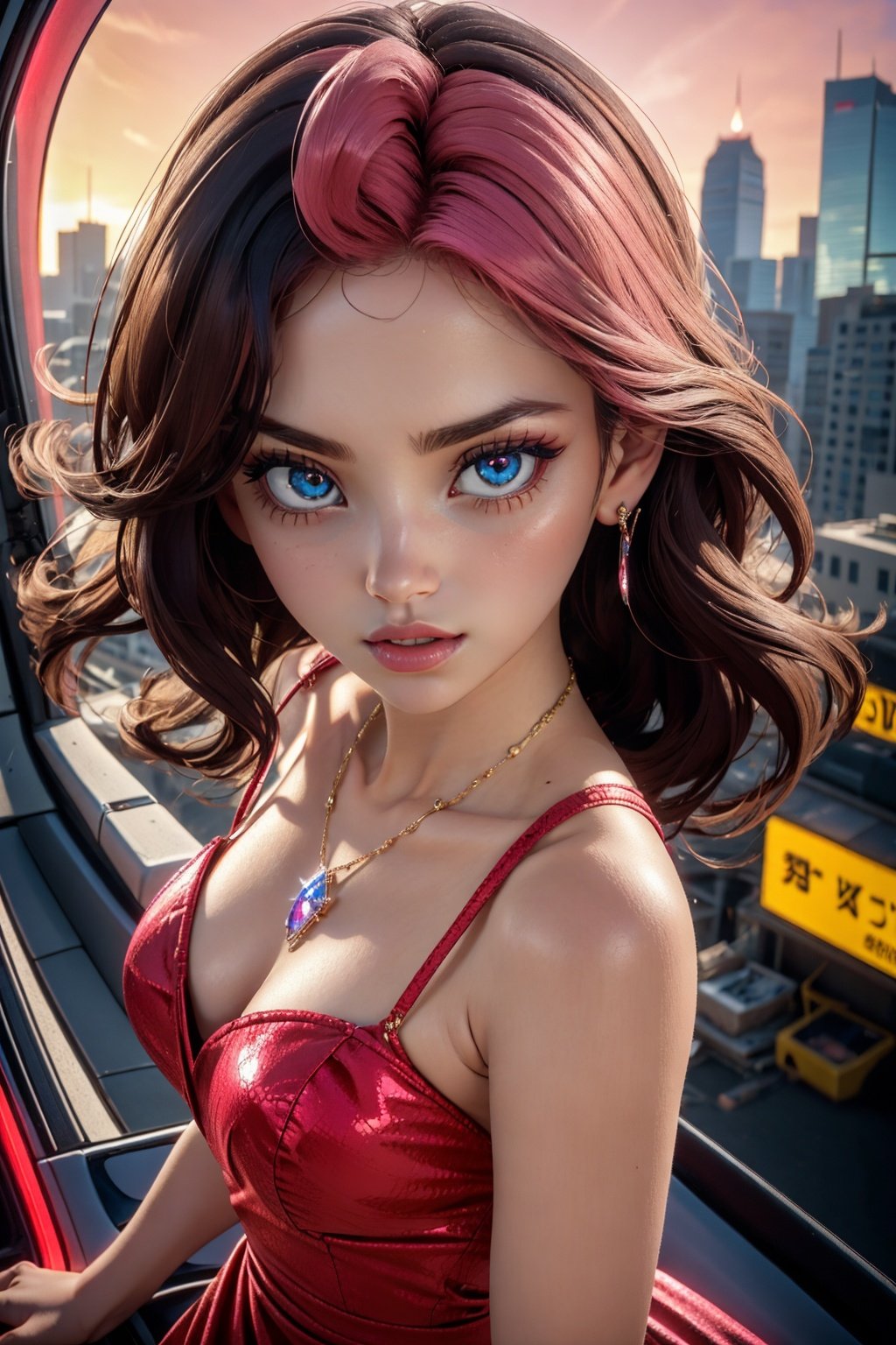 (aerial view,view of city),1girl flying in air,beautiful cute crystal girl in 26 years old, wearing crystal wear, the crystal is evil, black and pink and red glowing crystal, crystal pink hair, the power is every wear, she is evil but cute, the crystal is evil and glowing black and pink and red colors, detailed evil eyes,she has a serious expression and her lips are closed glowing crystal wear, (incredible details, cinematic ultra wide angle, depth of failed, hyper detailed, insane details, hyper realistic, high resolution, cinematic lighting, soft lighting, incredible quality, dynamic shot,,Hair with scenery,The eye,yuyao,dress,huliya,fox,shanghai,capricornus,Pixar