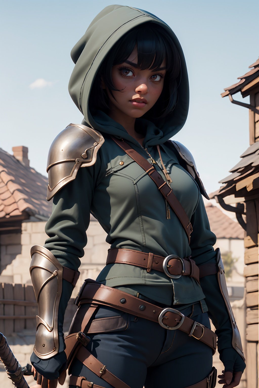 [(white background:1.5)::5],(masterpiece:1.2), best quality, game cg, 1girl, weapon, solo, red eyes, hood, black hair, outdoors, looking at viewer, dark skin, dark-skinned female, breasts, standing, long hair, belt, scabbard, bangs, hood up, shoulder armor, closed mouth, sheathed, ,Pixar