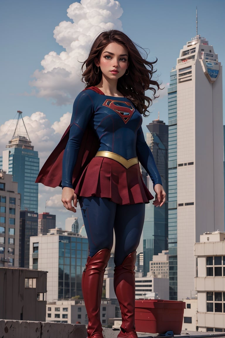 a hero supergirl ,25 age , green eyes , long brown hair , full outfit , yoga pants , sport figure , full body , standing on the roof a skyscraper , big boobs,Nipple_rings,supergirl,Pixar