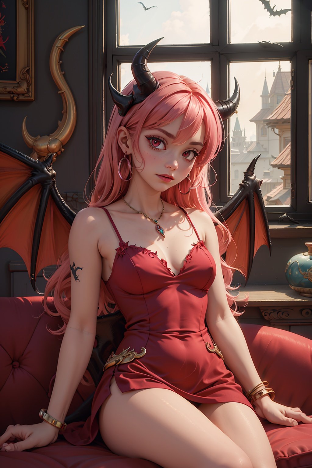 solo,bracelet,jewelry,couch,window,red_eyes,dress,indoors,long_hair,demon_girl,dragon_wings,demon_wings,looking_at_viewer,horns,earrings,sitting,bat_wings,pink_hair,1girl,breasts,wings