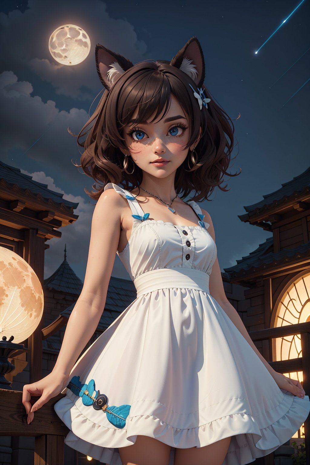 3dmm style,(masterpiece, best quality:1.4), midnight, cool, vivid, mesmerizing, 1girl, dress, dog ears, moon,Pixar