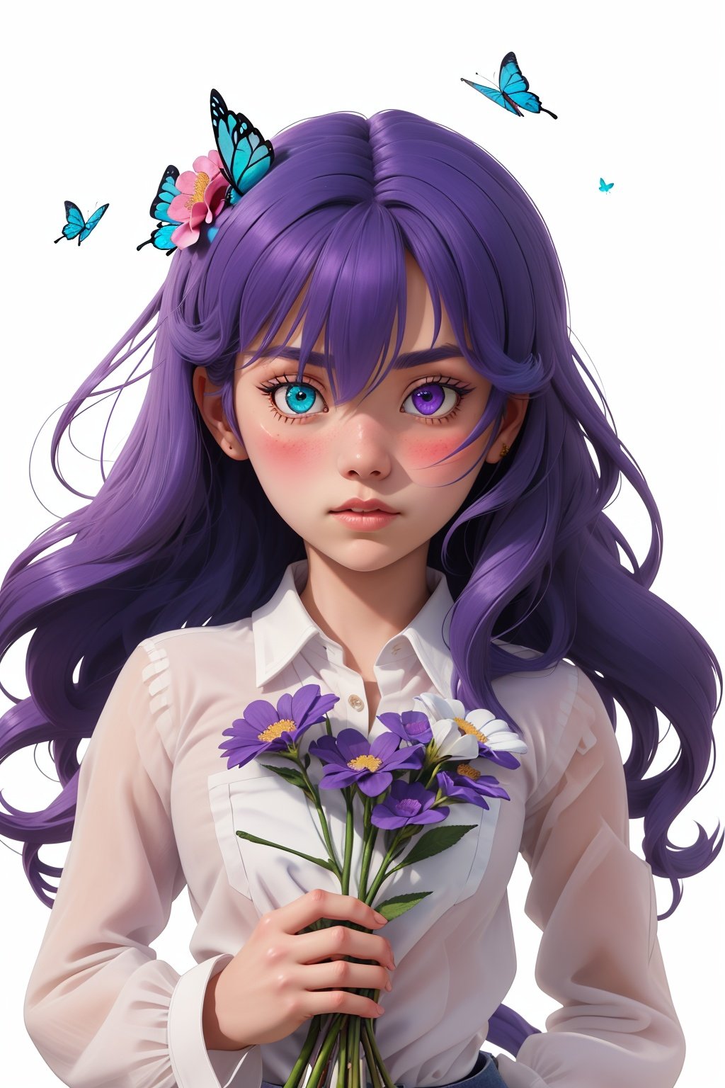 taya, 1girl, matou sakura, bug, butterfly, purple hair, solo, flower, purple eyes, long hair, ribbon, hair ribbon, looking at viewer, blue butterfly, holding, white background, bangs, heterochromia, blush, upper body, hair between eyes, shirt, bouquet, holding flower, parted lips, white shirt, pink ribbon, simple background, masterpiece, best quality,Pixar