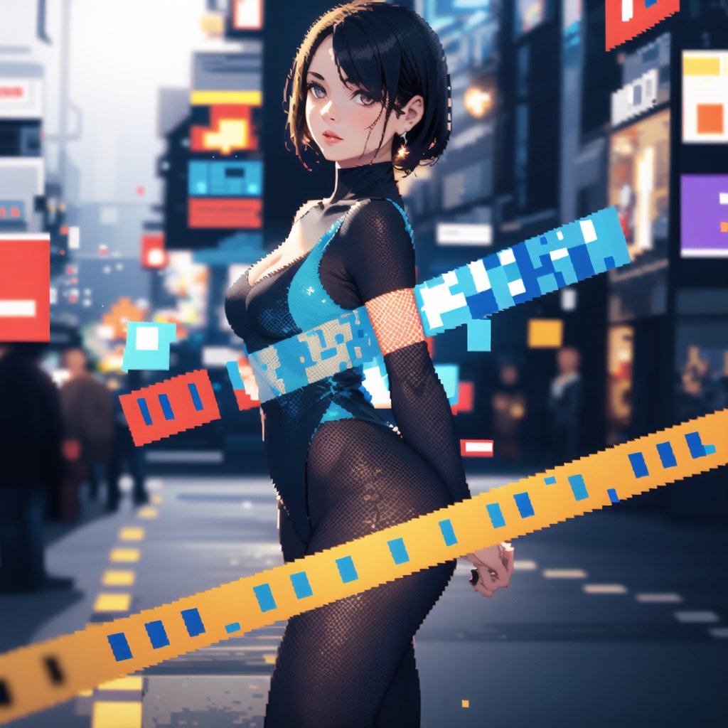 A candid photo of a woman, her body phasing in and out of a digital, (pixelated body:1.9), (realistic background:1.9),(busy street,pedestrians) She's in a bustling city, her digital form contrasting with the real world around her. She's captured walking, her body flickering between her human and pixelated forms. The photo frames her full body against the backdrop of the busy city street. The scene is lit by the city's bright lights, adding to the digital effect. The shot is taken from a low angle, capturing her confident stride. The image has the sharp clarity of a photo shot with a 35mm lens, reminiscent of a contemporary sci-fi photographer, (details:1.3), (masterpiece:1.3), skimpy,shameless