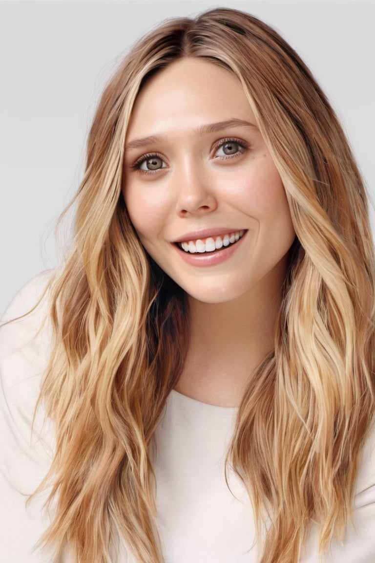 <lora:elizabeth_olsen_xl-off:1>elizabeth olsen, 1girl, solo, blonde hair, realistic, portrait, long hair, teeth, freckles, lips, simple background, smile, parted lips