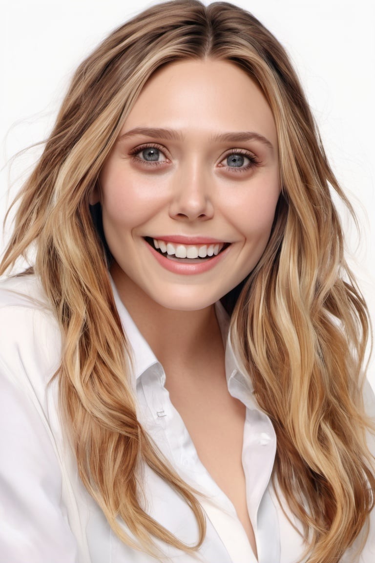 <lora:elizabeth_olsen_xl-off:1>elizabeth olsen, 1girl, solo, realistic, blonde hair, grey background, simple background, long hair, looking at viewer, lips, upper body, white shirt, smile ,happy