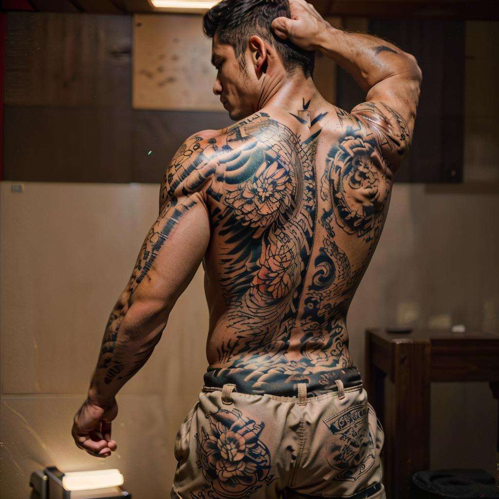 (YakuzaTattoo in body, chest, both arms tattoo:1.25) ,(1boy sitting in a japanese dojo:1.2), (topless, shorts, navel:1.2),(short hair, black hair, brown eyes:1.2), looking at viewer, from behind, bamboo, muscular, (detailed ladscape, red background:1.2), (dynamic_angle:1.2), (dynamic_pose:1.2), (red backlighting:1.3),(realistic:1.4), ((realism)), (masterpiece:1.2), (best quality), (ultra detailed:1.2), (8k, 4k, intricate), (canon R5, 50mm focal length, f/5.6), (cowboy shot:1), (85mm),light particles, lighting, (highly detailed:1.2),(detailed face:1.2), (gradients), colorful,(detailed eyes:1.2), (ultra photorealistic:1.2), (detailed skin:1.2),<lora:XenoDetailer:0.3><lora:epiNoiseoffset_v2:0.5> <lora:YakuzaTattoo_Concept:0.55>