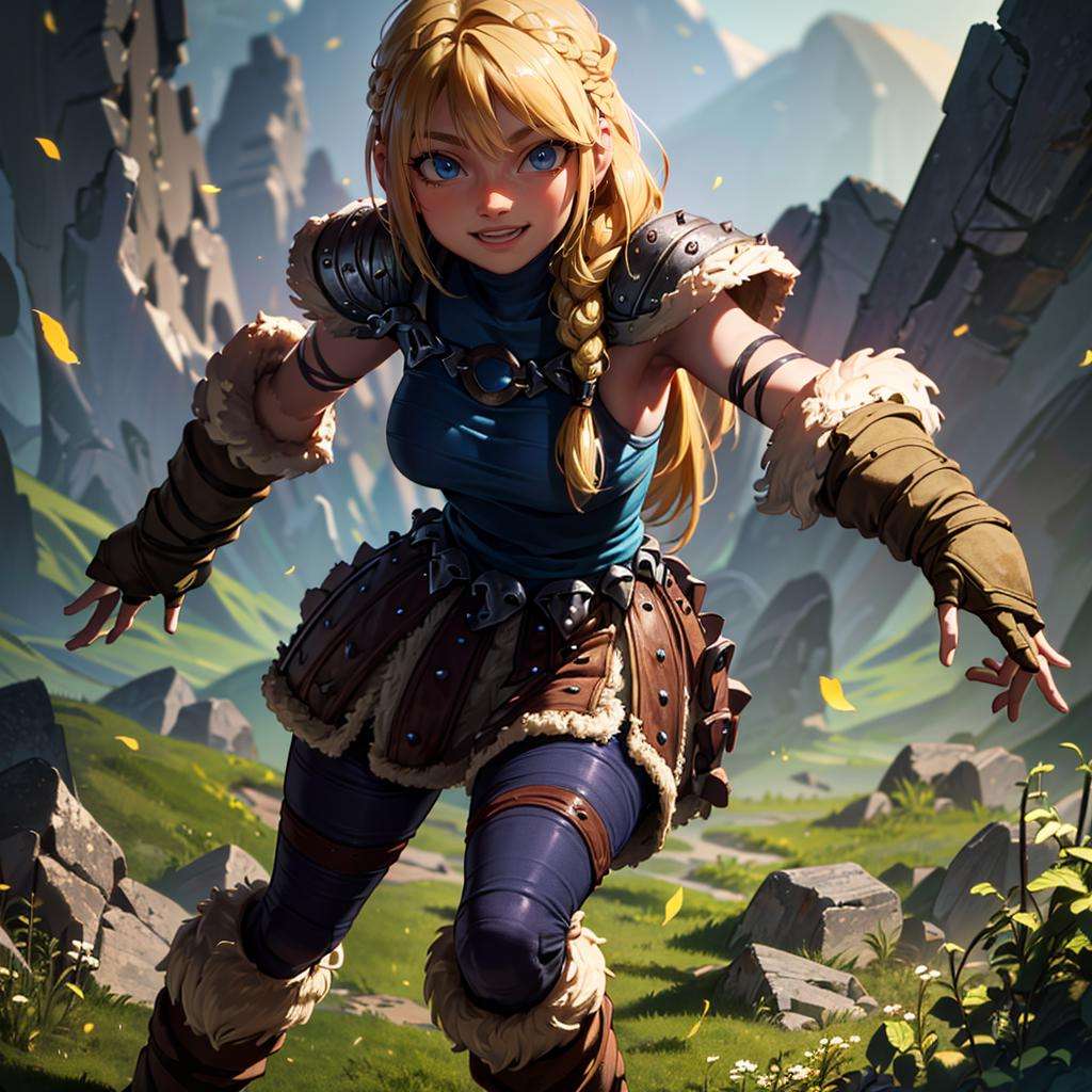 Astrid walking in a field of roses around mountains, (long hair, blonde, blue eyes, armor, braid:1.2), warm light, curvy, smile, :D, breast below, (dynamic_angle), (dynamic_pose:1.2), looking at viewer,(detailed landscape:1.2), (dynamic_perspective:1.2),(masterpiece:1.2), (best quality, highest quality), (ultra detailed), (8k, 4k, intricate), (full body:1), (highly detailed:1.2),(detailed face:1),(gradients),(ambient light:1.3),(cinematic composition:1.2),(HDR:1),Accent Lighting,extremely detailed CG unity 8k wallpaper,original, highres,(perfect_anatomy:1.2), <lora:Astrid_Character:1>