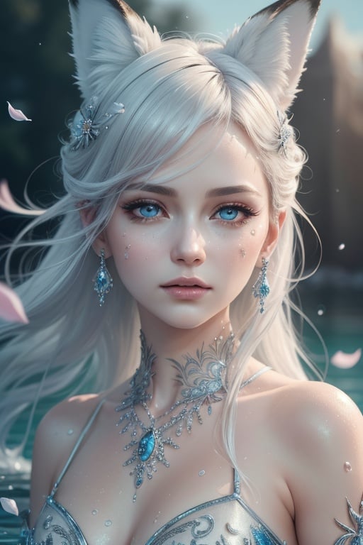 masterpiece, best quality, official art, extremely detailed cg 8k wallpaper, (flying petals) (detailed ice) , crystals texture skin, cold expression, ((fox ears)), white hair, long hair, messy hair, blue eye, looking at viewer, extremely delicate and beautiful, water, ((beauty detailed eye)), highly detailed, cinematic lighting, (beautiful face), fine water surface, (original figure painting), ultra- detailed, incredibly detailed, (an extremely delicate and beautiful), beautiful detailed eyes, (best quality), (masterpiece,best quality:1.5)