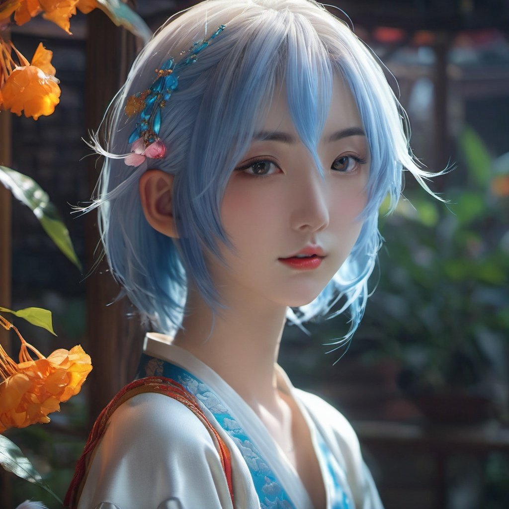 (masterpiece, best quality, ultra-detailed, highres, best illustration),perfect face, ((solo, solo focus)),sidelighting,, epic, illustration, render, volumetric lighting, welcoming, see-through gossamer, in Japan,lustrous skin,(bloom), (shine), ray tracing,masterpiece, best quality, 1boy, male focus, solo, blue hair, multicolored hair, rabbit ears, two-tone hair, mole, white hair, chinese clothes, upper body, brown eyes, orange eyes, hand on own chin, looking at viewer,depth_of_field,very detailed background,extreme light and shadow,(detailed eyes), (beautiful) beautiful detailed eyes, perfect lighting , perfect anatomy,(extremely detailed illustrated 8k wallpaper),(masterpiece), (best quality), (ultra-detailed), (best illustration),(best shadow), (fantasy:1.4) , vivid colors,