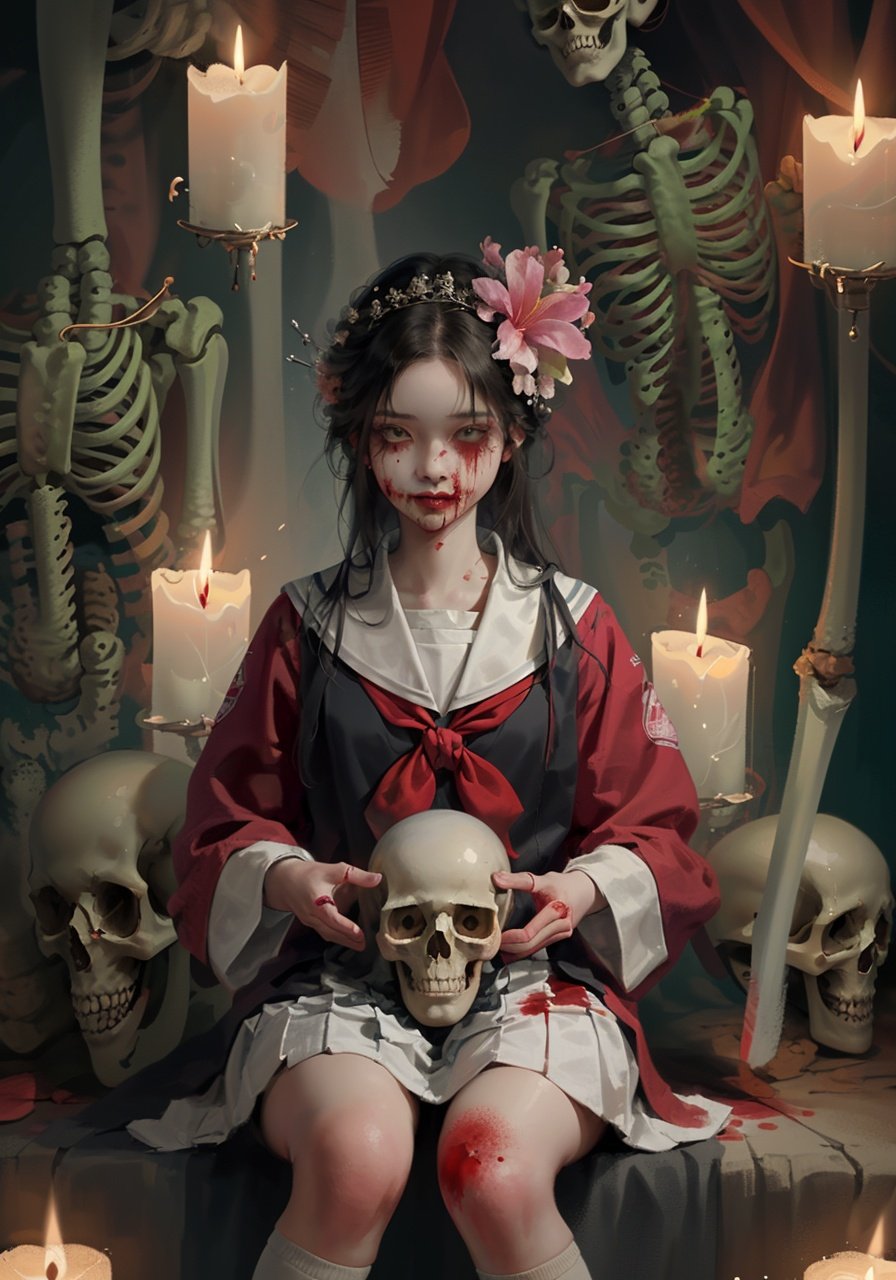 masterpiece,(masterpiece, top quality, best quality,1girl, long hair, black hair, flower, candle, blood, hair flower, solo, hair ornament, bone, weapon, sitting, sword, doll, guro, skull, skeleton, school uniform, horror (theme)