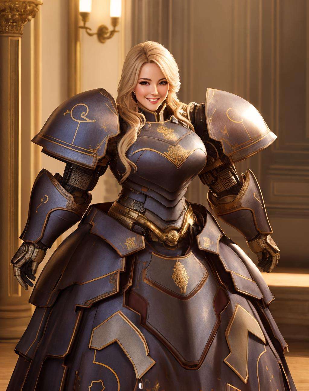 4K, Masterpiece, highres, absurdres,photorealistic, smiling, [ballgown|Parrley_armor], a woman in a [dress|suit of armor] posing for a picture , wearing a [ballgown|Parrley_armor],big bulky futuristic armor, <lora:ParrleyGown:0.7>