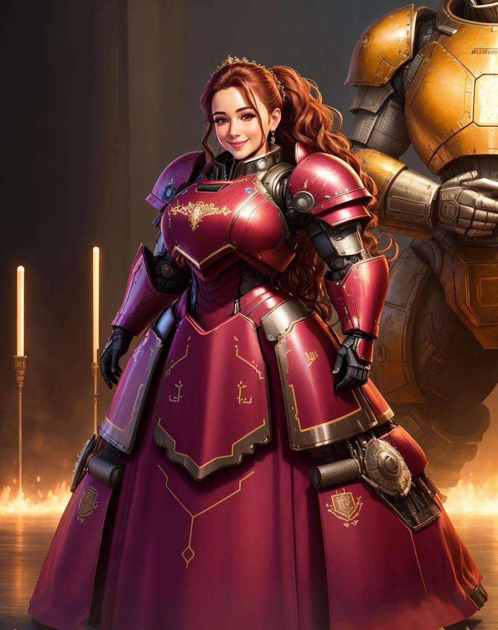 4K, Masterpiece, highres, absurdres,photorealistic, smiling, [ballgown|Parrley_armor], a woman in a [dress|suit of armor] posing for a picture , wearing a [ballgown|Parrley_armor],big bulky futuristic armor, <lora:ParrleyGown:0.7>