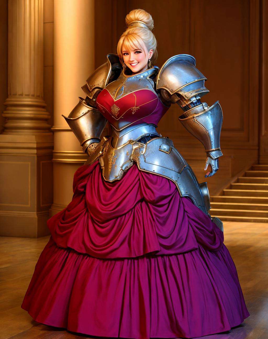 4K, Masterpiece, highres, absurdres,photorealistic, smiling, [ballgown|Parrley_armor], a woman in a [dress|suit of armor] posing for a picture , wearing a [ballgown|Parrley_armor],big bulky futuristic armor, <lora:ParrleyGown:0.7>