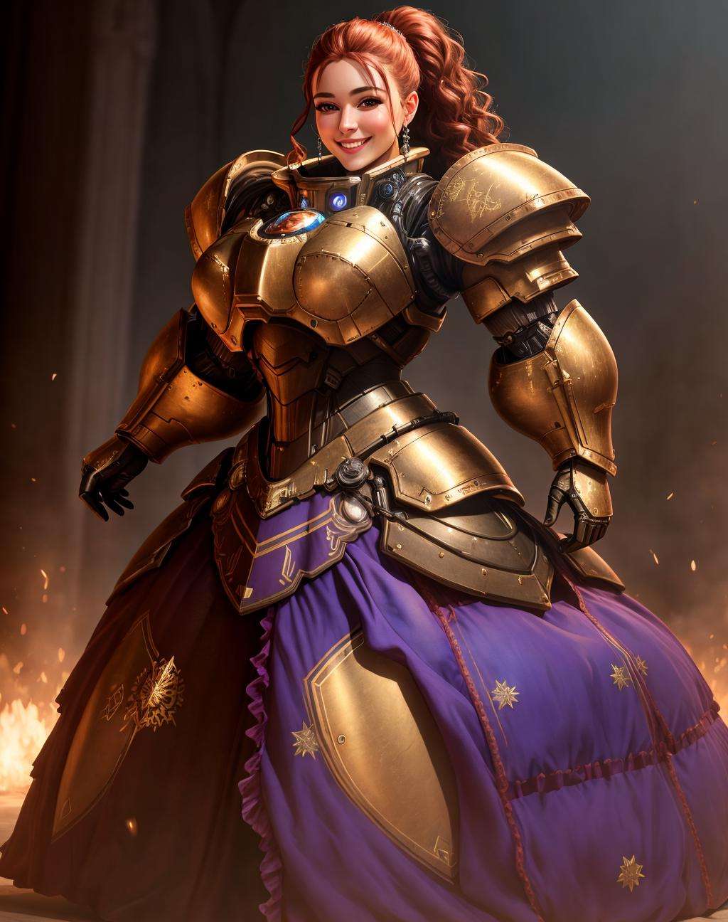 4K, Masterpiece, highres, absurdres,photorealistic, smiling, [ballgown|Parrley_armor], a woman in a [dress|suit of armor] posing for a picture , wearing a [ballgown|Parrley_armor],big bulky futuristic armor, <lora:ParrleyGown:0.7>