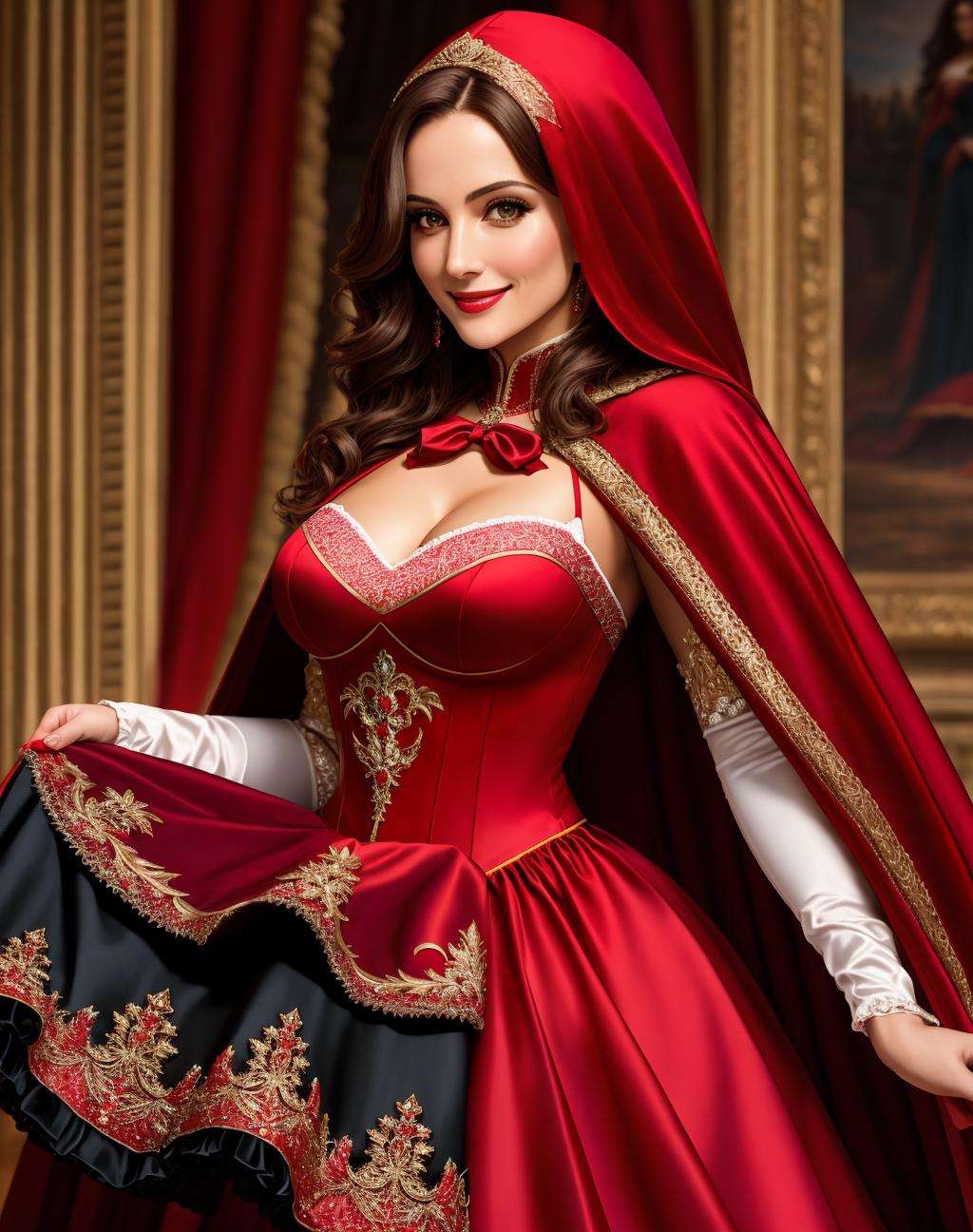 4K, Masterpiece, highres, absurdres, smiling,beautiful ballgown,  RHG, a woman in a red cape and black stockings ,wearing RHG , wearing a ballgown   <lora:LittleGown:0.7>