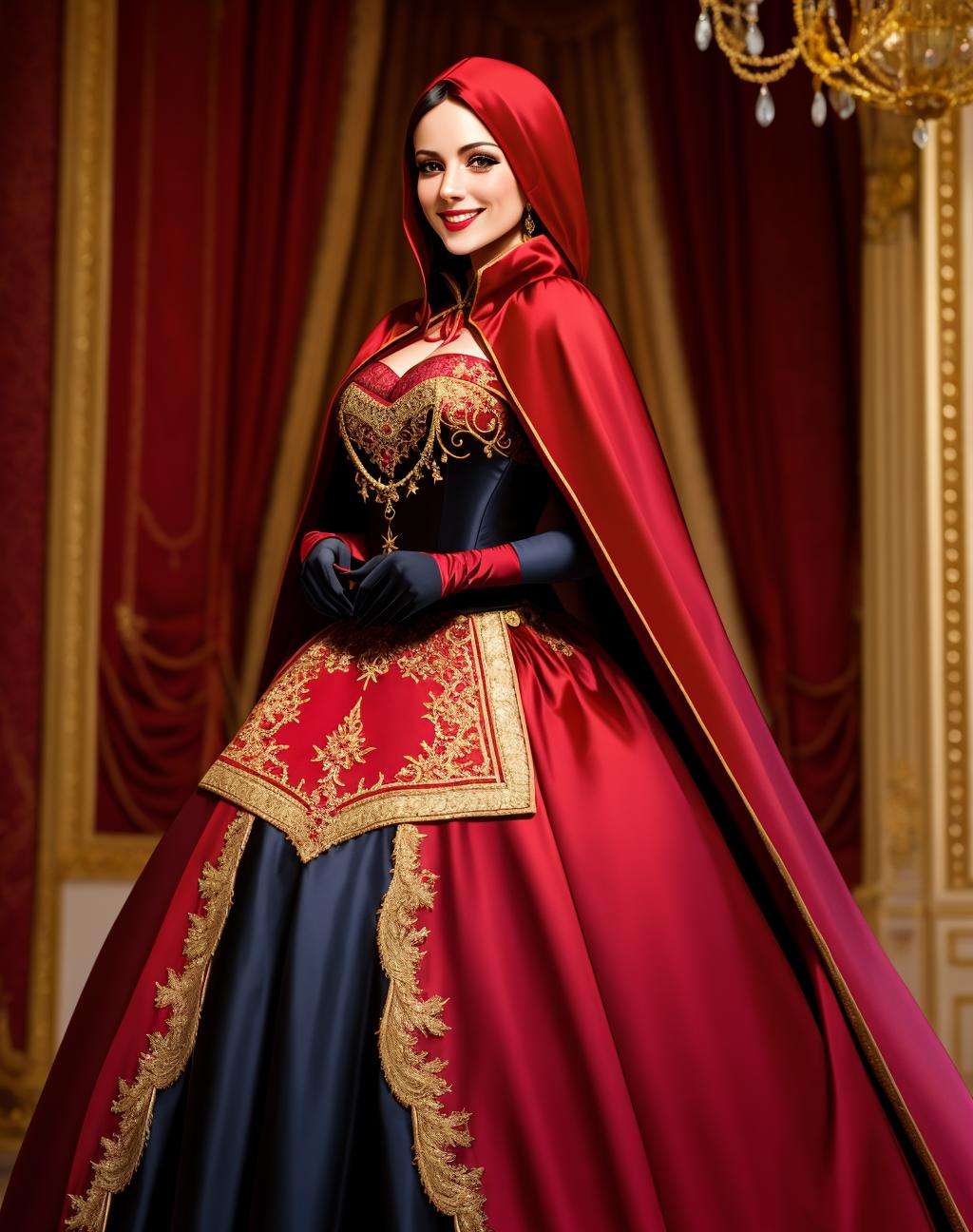 4K, Masterpiece, highres, absurdres, smiling,beautiful ballgown,  RHG, a woman in a red cape and black stockings ,wearing RHG , wearing a ballgown   <lora:LittleGown:0.7>