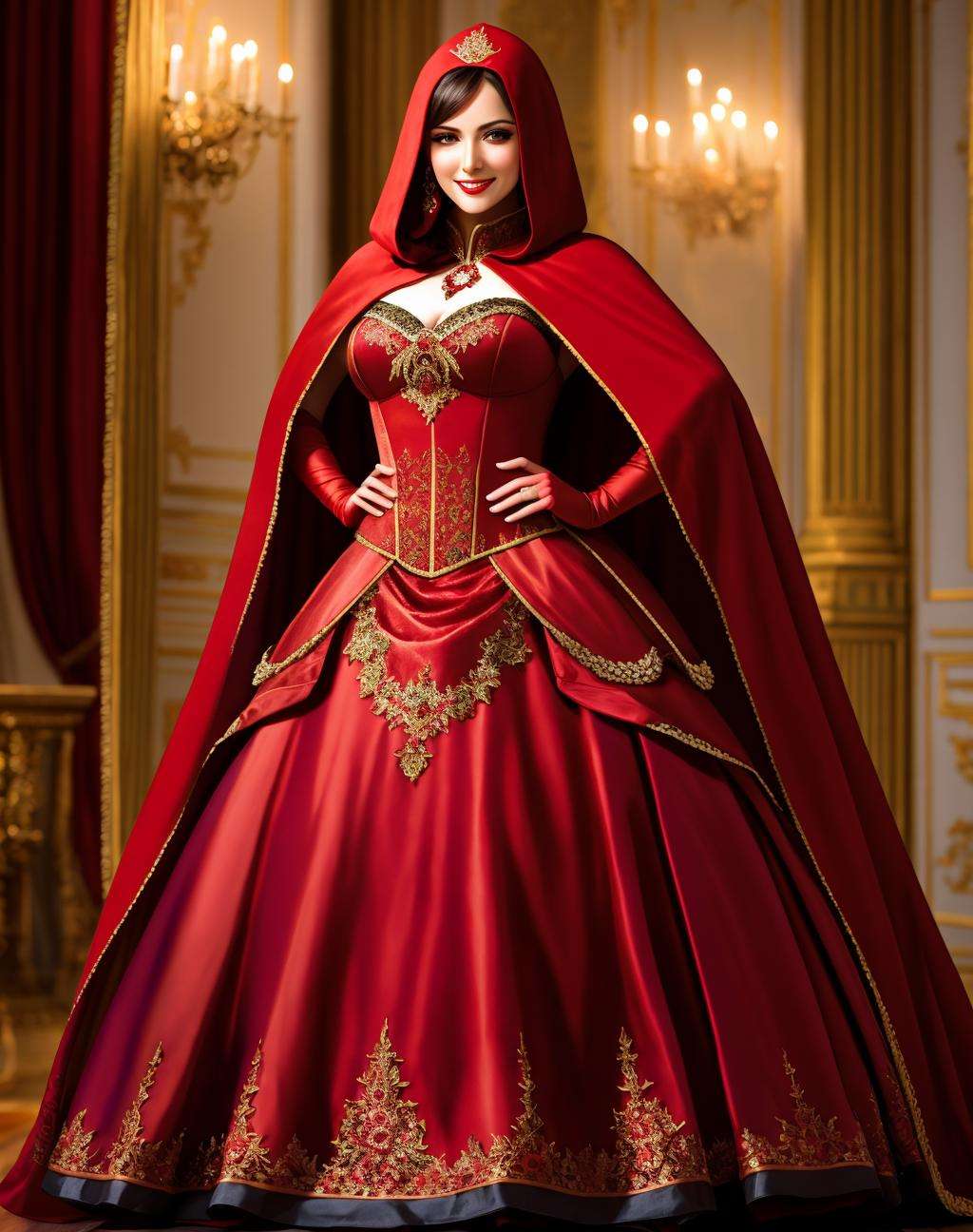 4K, Masterpiece, highres, absurdres, smiling,beautiful ballgown,  RHG, a woman in a red cape and black stockings ,wearing RHG , wearing a ballgown   <lora:LittleGown:0.7>