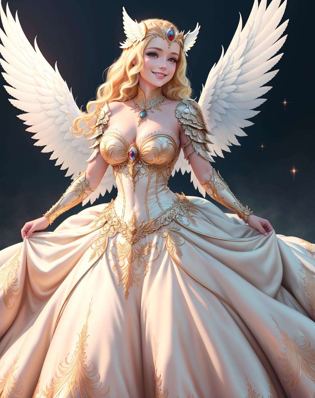 4K, Masterpiece, highres, absurdres, smiling,beautiful walkure,(ballgown:1.3), blonde woman in shiny armor with wings and a sword,jewelery, beautiful embroidery ,wearing [armor|dress]_ballgown,wings,armor,helmet,  <lora:ValkGown:0.7>