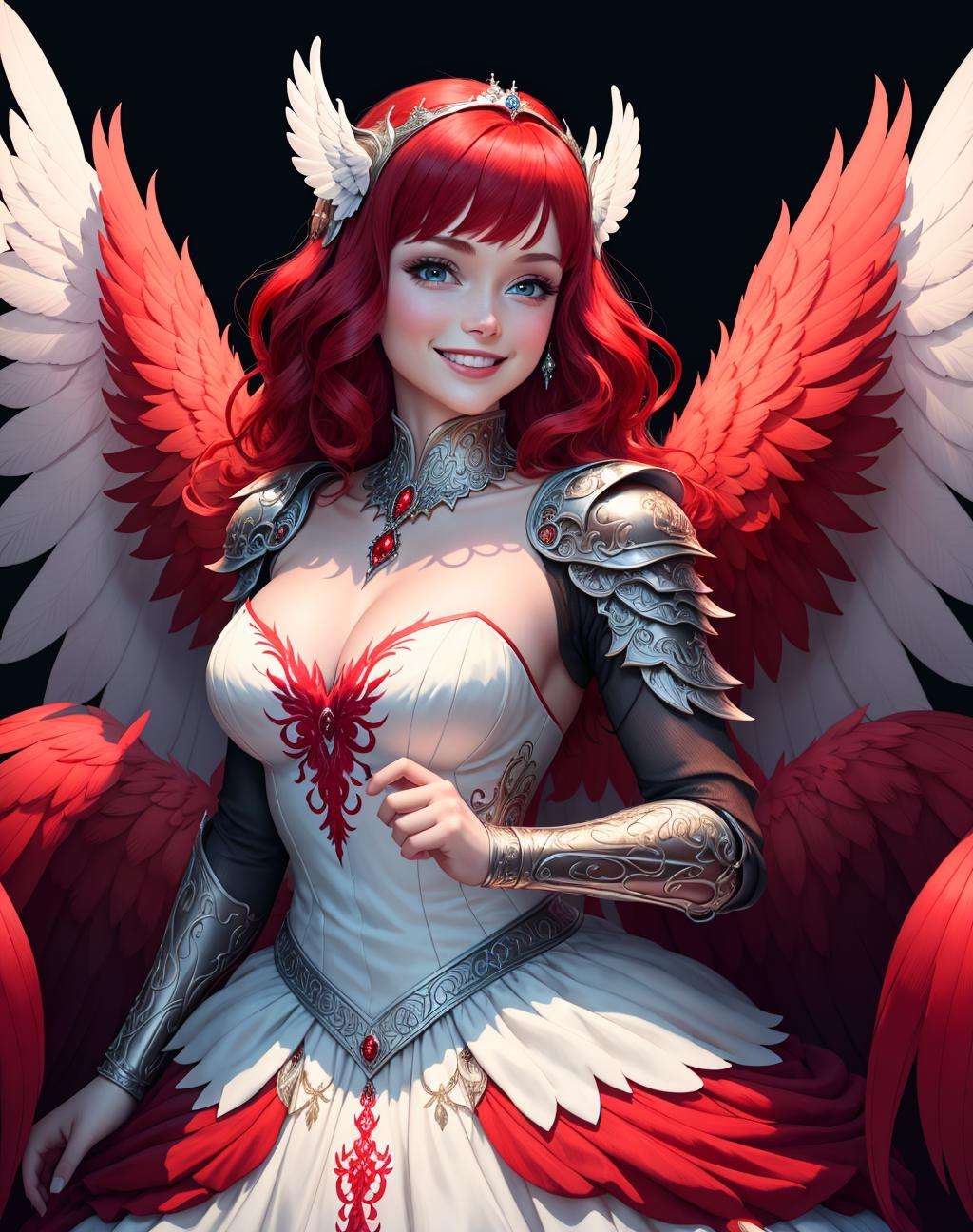 4K, Masterpiece, highres, absurdres, smiling,beautiful walkure,(ballgown:1.3), red haired woman in shiny armor with wings and a sword,jewelery, beautiful embroidery ,wearing [armor|dress]_ballgown,wings,armor,helmet,  <lora:ValkGown:0.7>