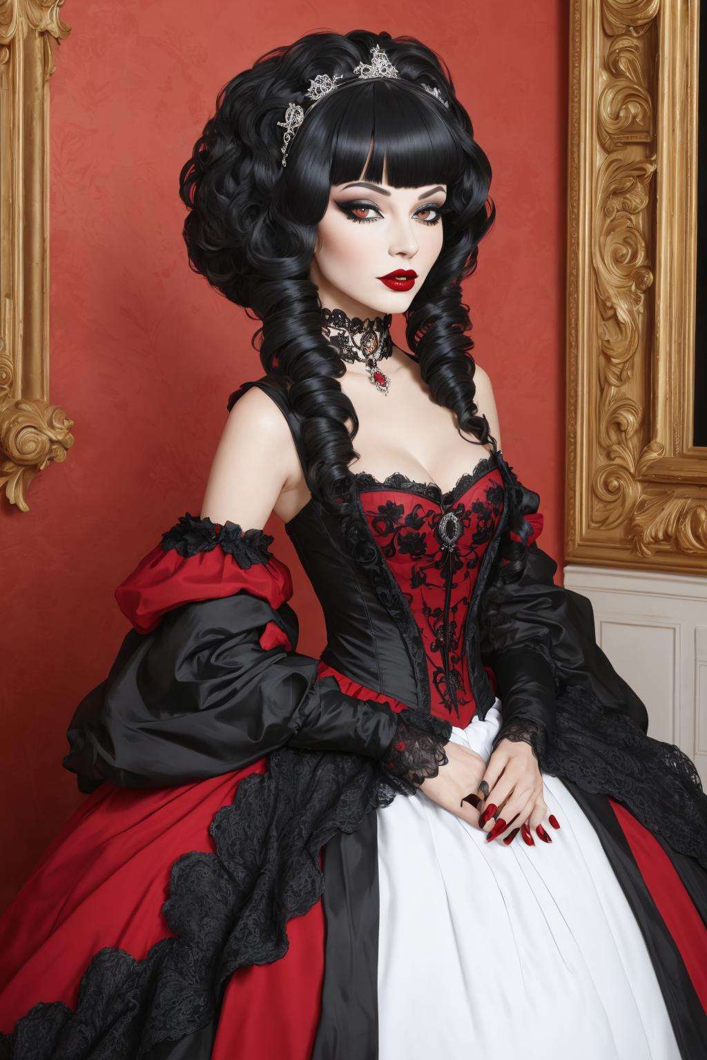 4K, Masterpiece, highres, absurdres,[ballgown|edgMarquise], edgMarquise, a woman with a black wig and a red lipstick ,with a edgMarquise_hairstyle, wearing a ballgown <lora:MarquiseGown:0.7>