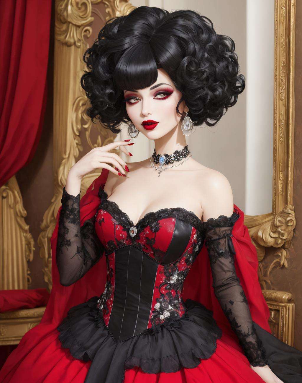 4K, Masterpiece, highres, absurdres,[ballgown|edgMarquise], edgMarquise, a woman with a black wig and a red lipstick ,with a edgMarquise_hairstyle, wearing a ballgown <lora:MarquiseGown:0.7>