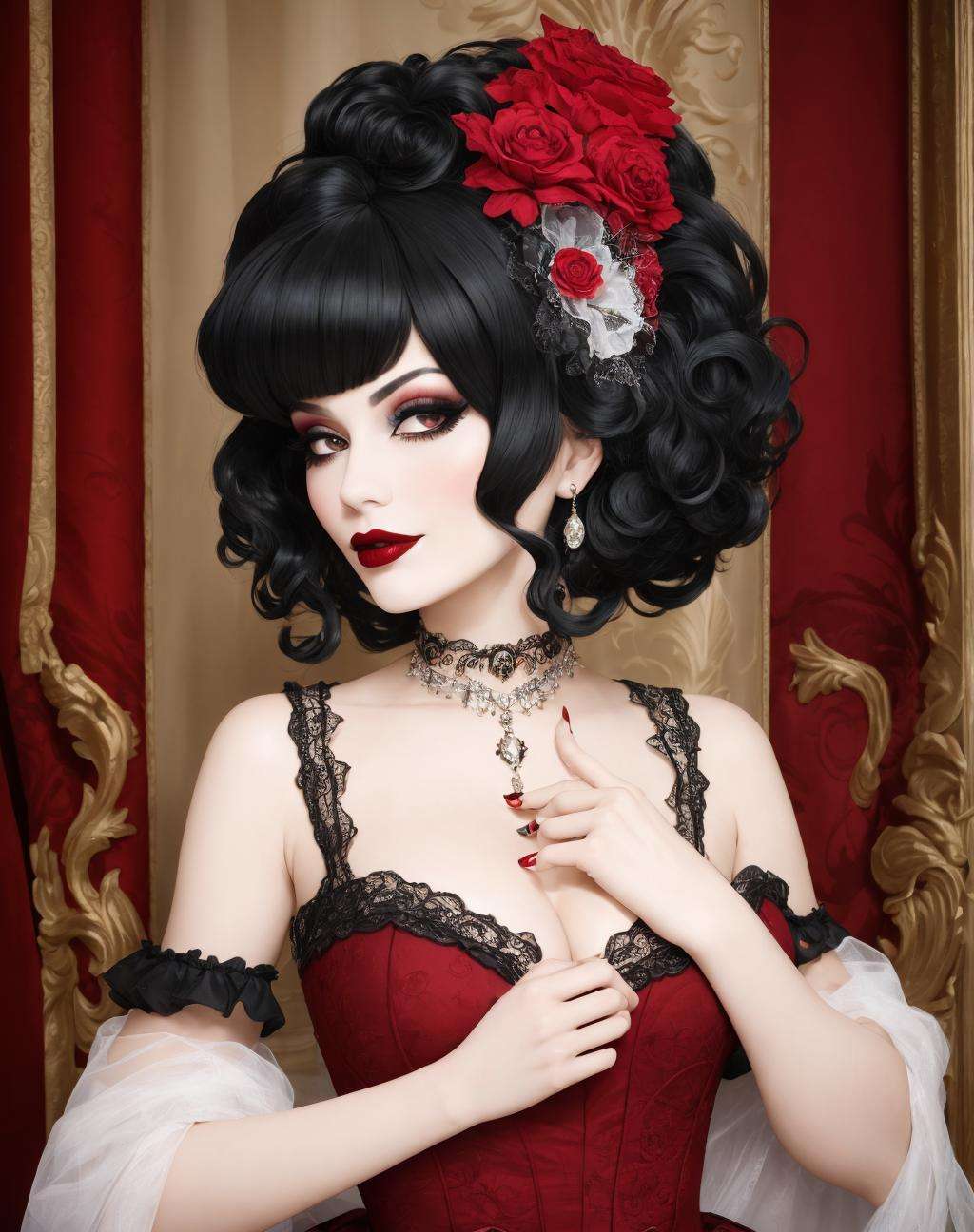 4K, Masterpiece, highres, absurdres,[ballgown|edgMarquise], edgMarquise, a woman with a black wig and a red lipstick ,with a edgMarquise_hairstyle, wearing a ballgown <lora:MarquiseGown:0.7>