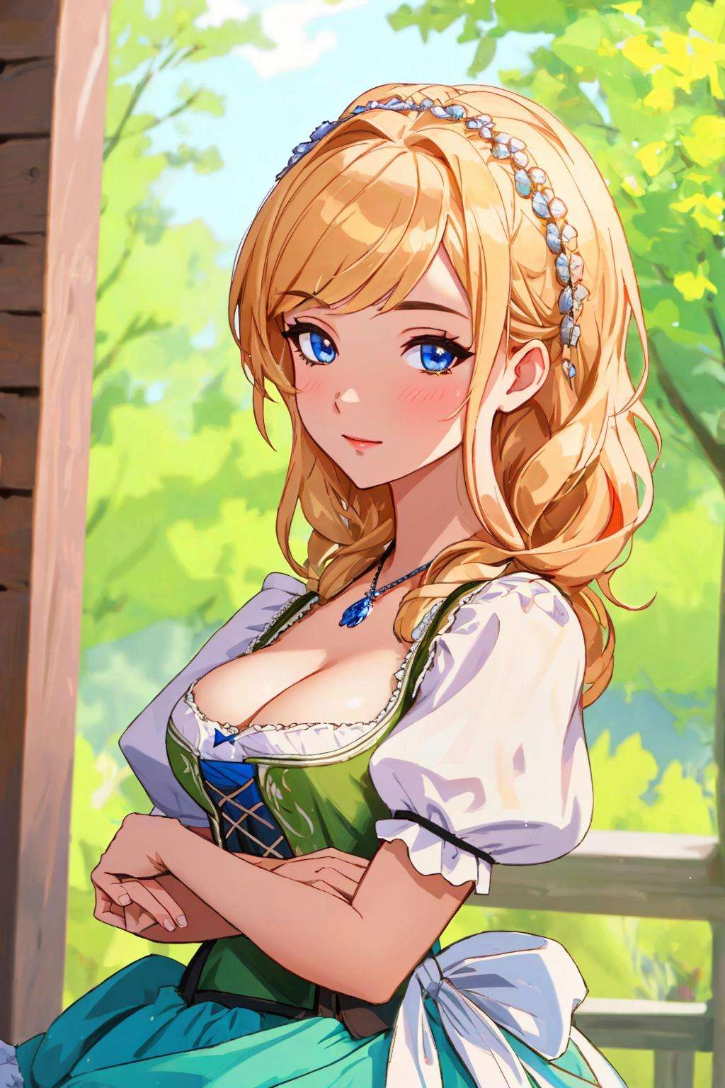 Masterpiece, absurdres,HDR,8k,best quality, ((beautifully detailed eyes and face)),([ballgown|dirndl]::0.88)((ballgown)), a woman in traditional bavarian dress, wearing a dirndl <lora:edgBavarianGown:1>