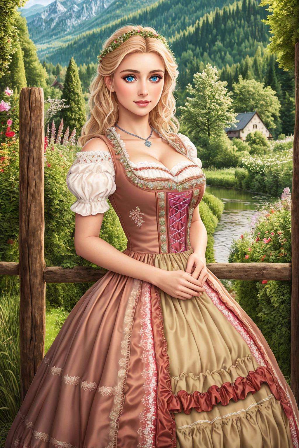 Masterpiece, absurdres,HDR,8k,best quality, ((beautifully detailed eyes and face)),([ballgown|dirndl]::0.88)((ballgown)), a woman in traditional bavarian dress, wearing a dirndl <lora:edgBavarianGown:1>