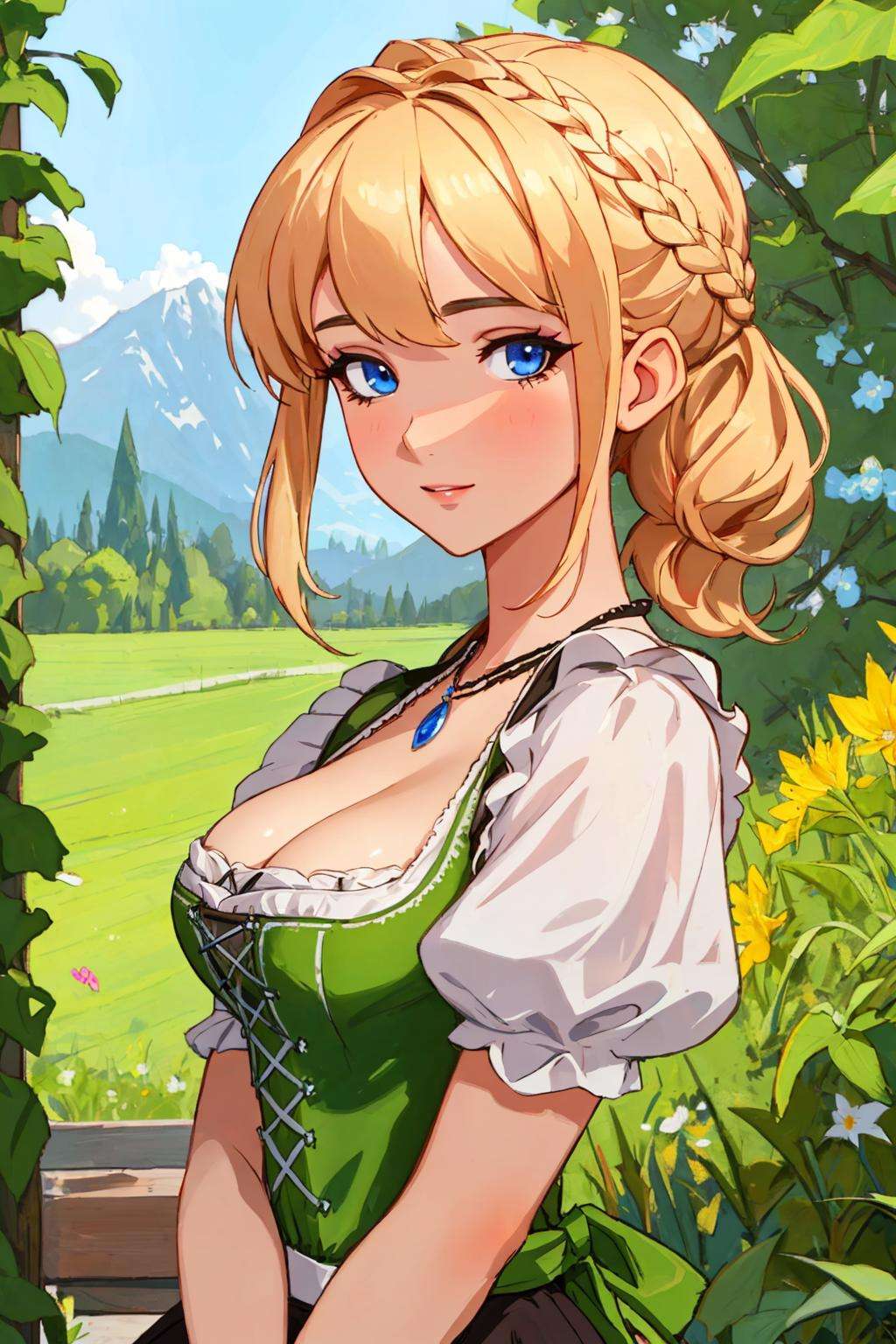 Masterpiece, absurdres,HDR,8k,best quality, ((beautifully detailed eyes and face)),([ballgown|dirndl]::0.88)((ballgown)), a woman in traditional bavarian dress, wearing a dirndl <lora:edgBavarianGown:1>