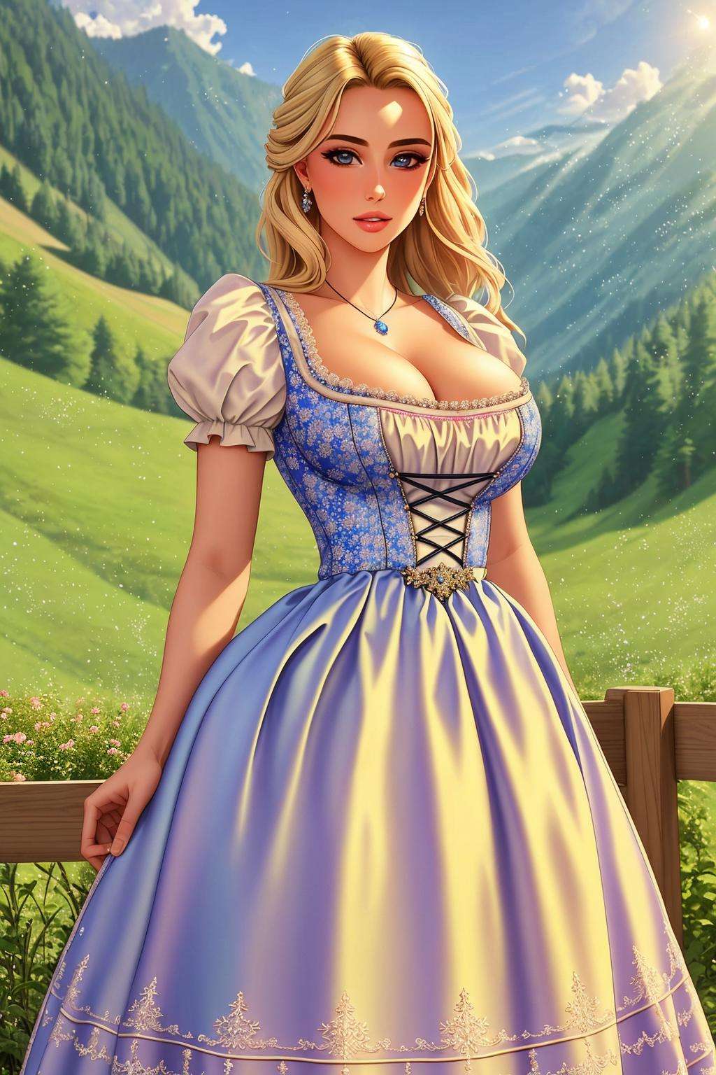 Masterpiece, absurdres,HDR,8k,best quality, ((beautifully detailed eyes and face)),([ballgown|dirndl]::0.88)((ballgown)), a woman in traditional bavarian dress, wearing a dirndl <lora:edgBavarianGown:1>