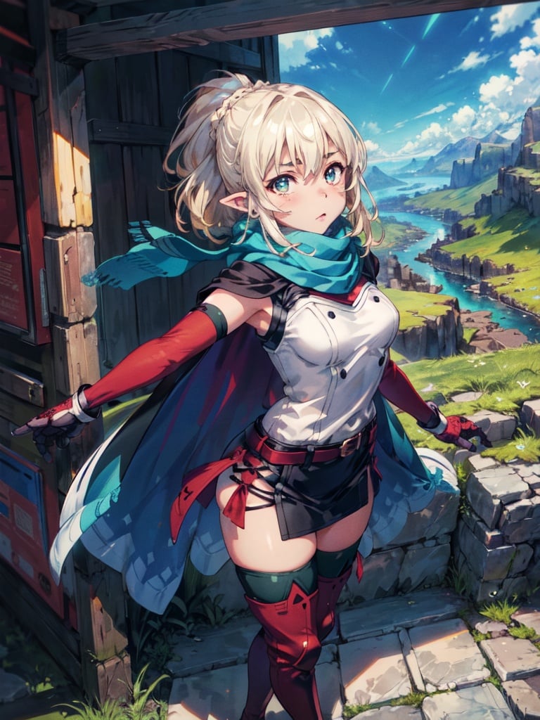 1girl, masterpiece, best quality, ryuu lion ((Goblin_slayer)), 1girl, solo, green scarf, covered mouth, pointy ears, thigh boots, boots, gloves, thighhighs, blue eyes, blonde hair, elbow gloves, knife, hood, brown footwear, cape, sheath, sleeveless shirt, belt, medium breasts, cloak, panty , cowboy shot  outdoor, sunny, standing, cowboy shot slit pupils, (looking at viewer, ), high contrast, (bright colors hair), perfect anatomy, highly detailed
 (realistic:1.2), (realism), (masterpiece:1.2), (best quality), (ultra detailed), (8k, 4k, intricate),(full-body-shot 1)),(highly detailed 1.2),(detailed face:1.2), nsfw, colorful,(detailed eyes:1.2)(outside background),detailed landscape (mountain behind), (dynamic angle:1.2), (dynamic pose:1.2), (rule of third_composition:1.3), (Line of action:1.2)