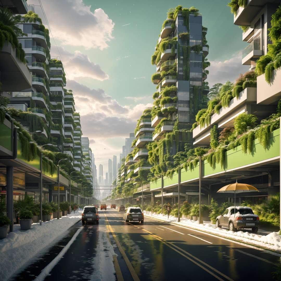 aarggreenbuilding, sunset, ((rain.))  (((snow))), a city with tall buildings and a lot of greenery on the sides of the street and cars driving down the street , masterpiece, best quality,<lora:AARG_greenbuilding-000012:0.5>