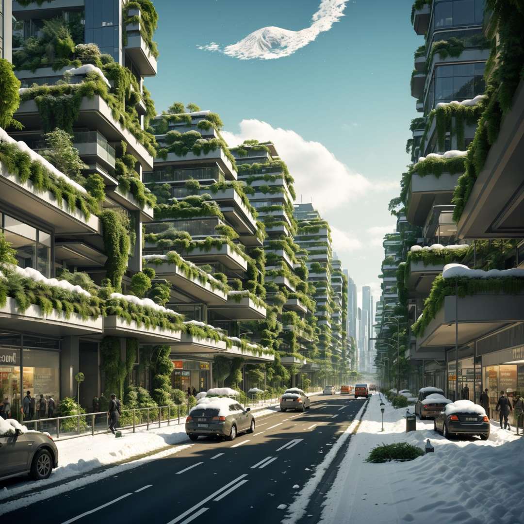 aarggreenbuilding, night, (((snow))), a city with tall buildings and a lot of greenery on the sides of the street and cars driving down the street , masterpiece, best quality,<lora:AARG_greenbuilding-000012:0.5>